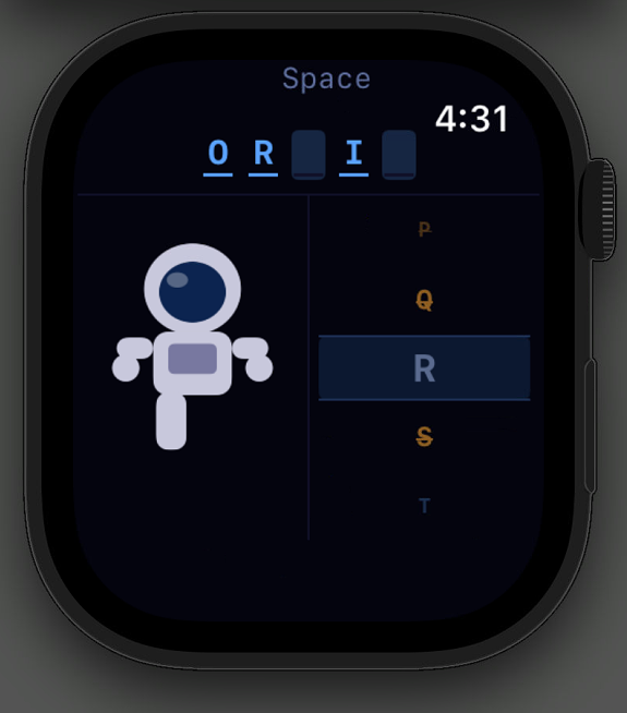 Letternaut game in progress on Apple Watch